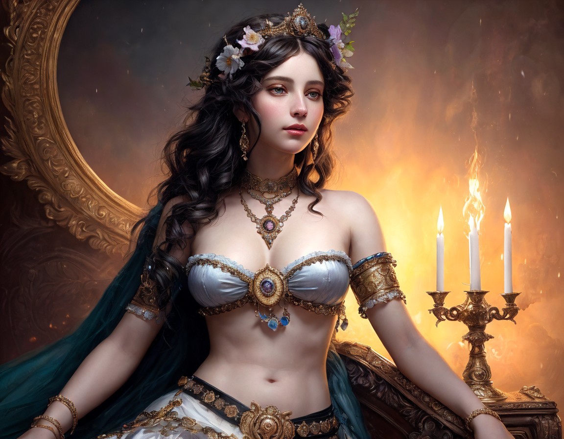 Digital artwork of woman with dark hair in flower crown, ornate top, near candles in warm glow