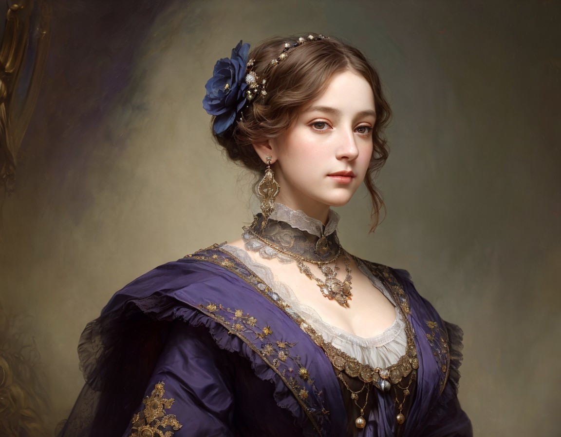 Victorian Woman in Dark Blue Dress with Gold Details