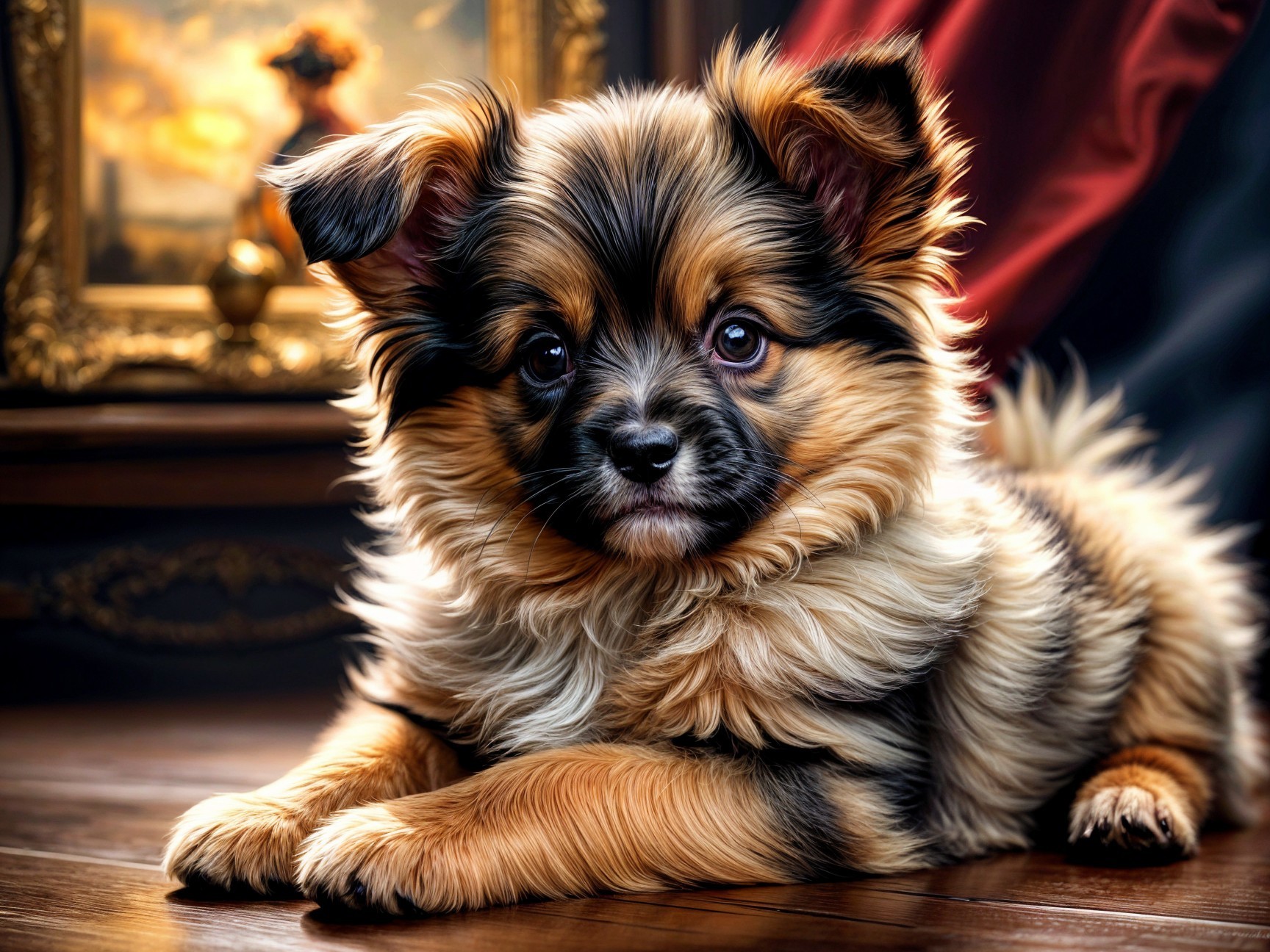 Fluffy puppy with mixed fur on polished wooden floor
