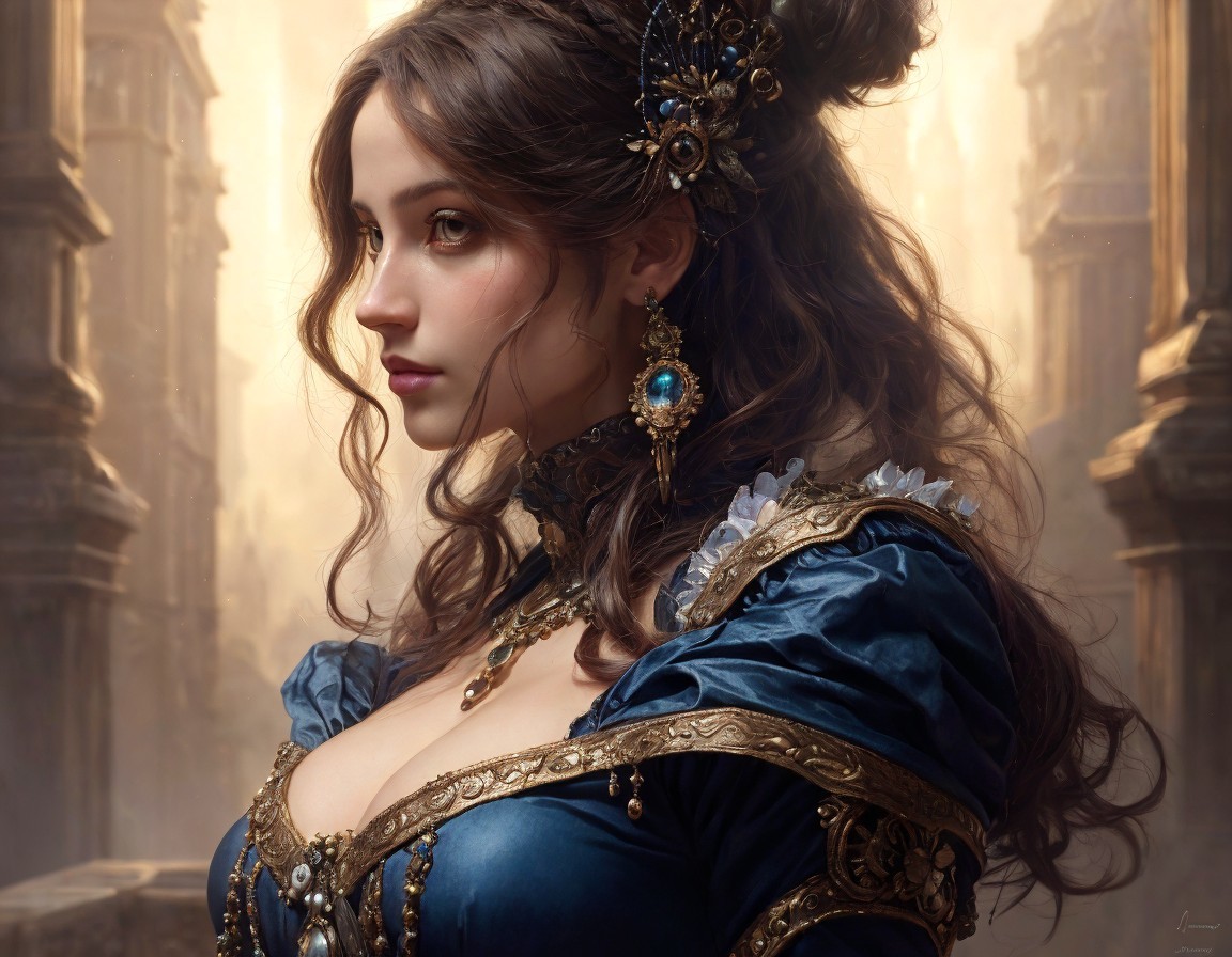 Portrait of Woman in Blue and Gold Gown with Background