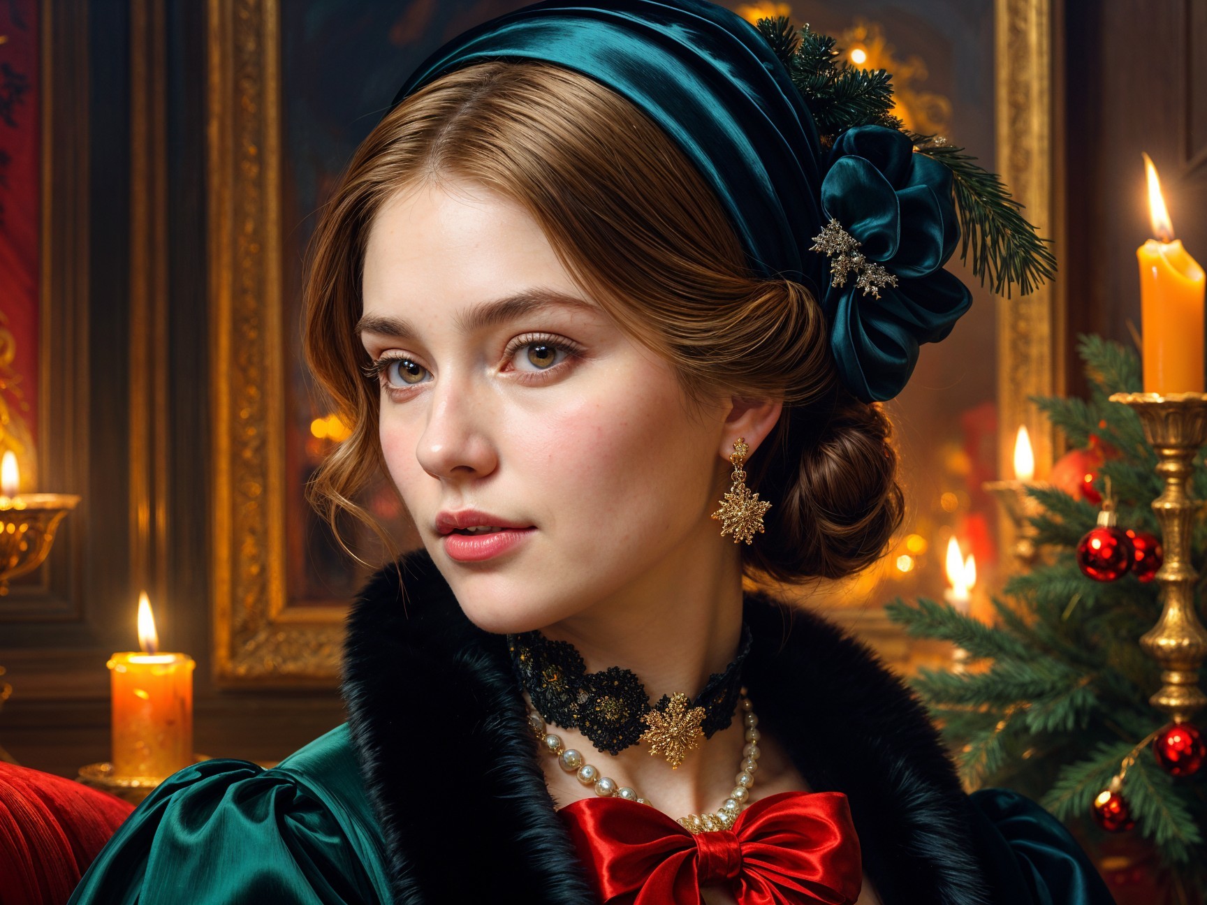 Young Woman in Green Dress Amidst Holiday Decor