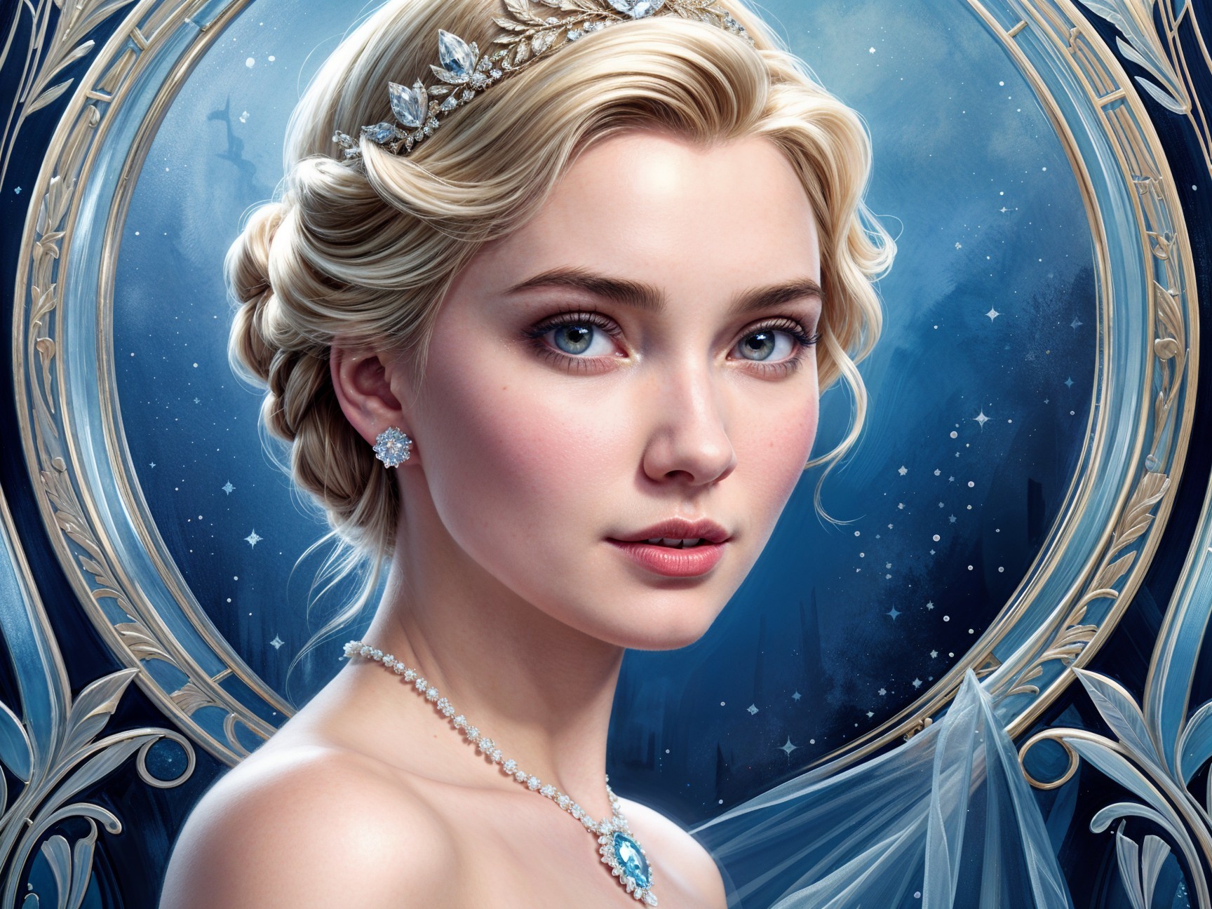 Young woman in elegant gown with tiara and stars