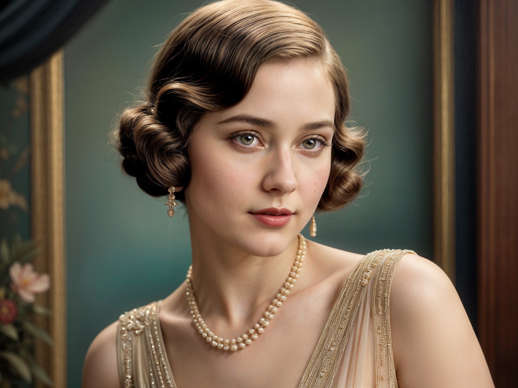 Young woman in vintage gown with elegant curls