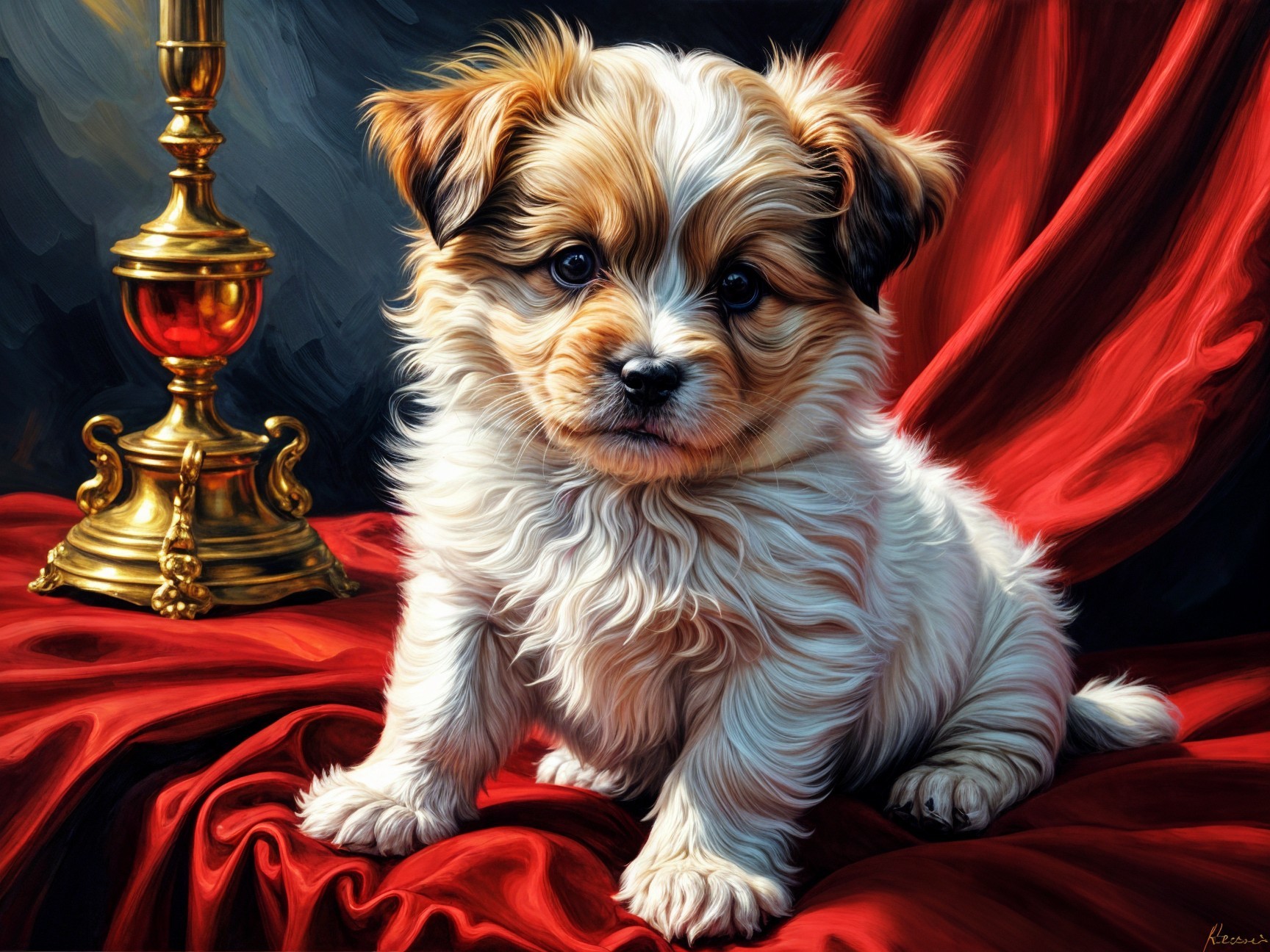 Fluffy puppy on red satin backdrop with golden lamp