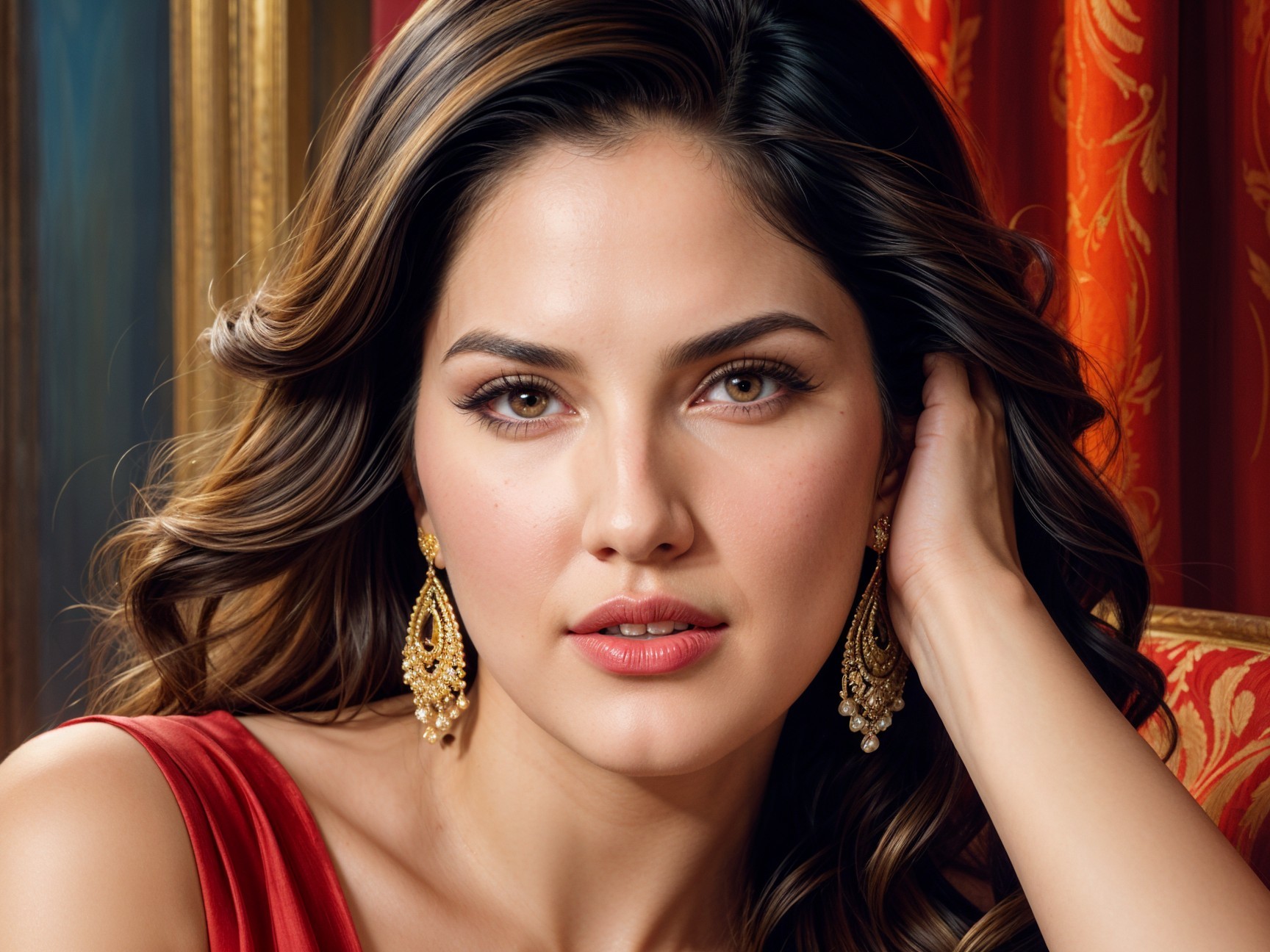 Portrait of a woman in a deep red dress with gold earrings