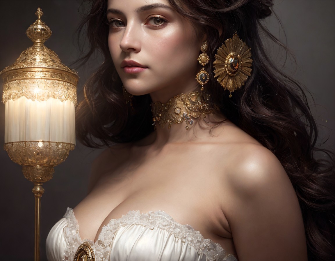 Woman in Off-Shoulder Dress with Golden Accessories