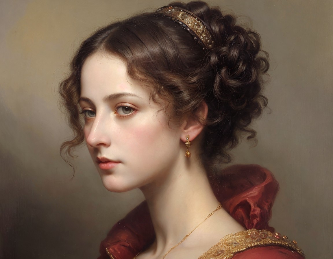 Elegant woman in deep red dress with gold accents