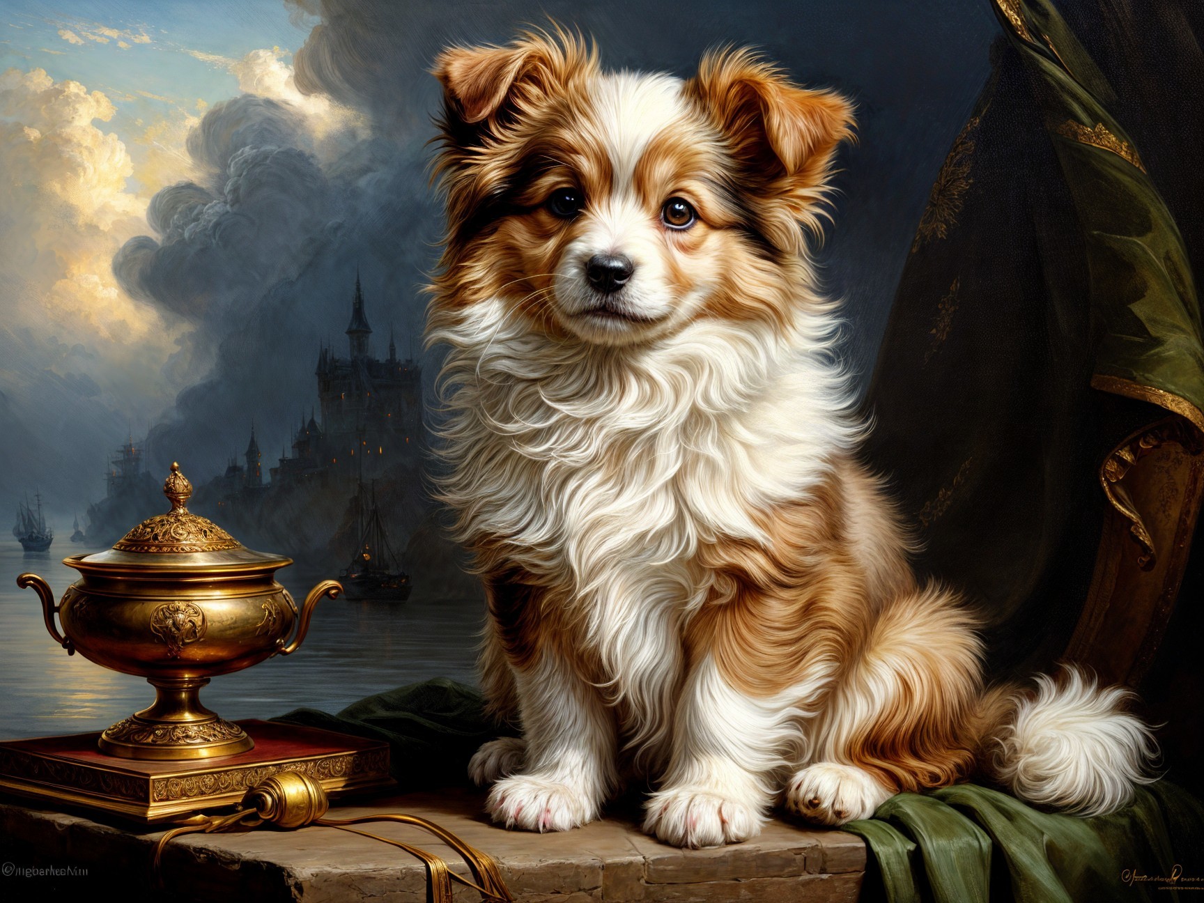 Fluffy Dog on Stone Surface with Golden Urn and Castle