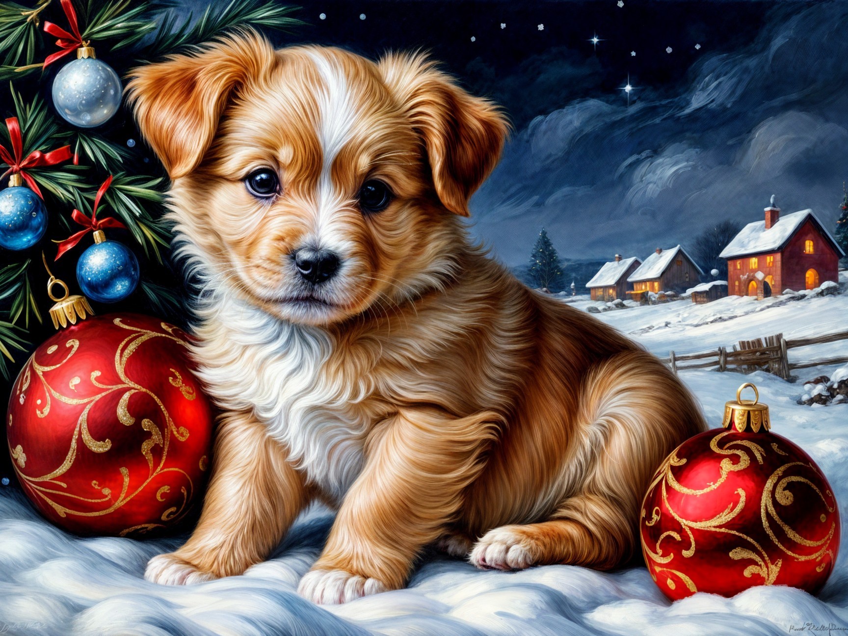 Puppy in Winter Wonderland with Christmas Ornaments