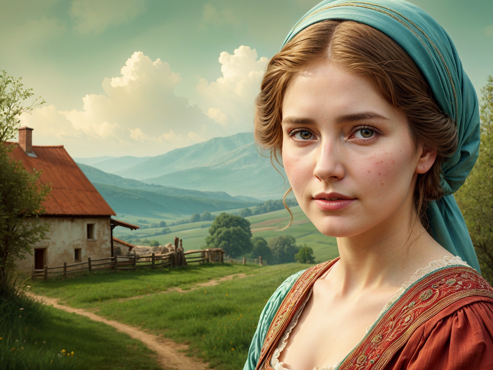 Young woman in historical dress with serene landscape