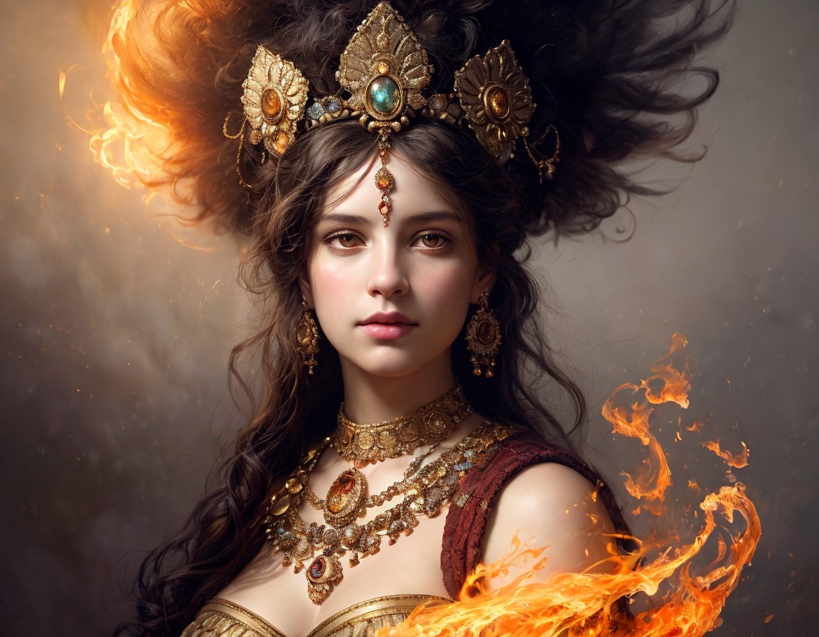 Elaborate gold jewelry and crown on woman with flowing hair and flames in garments