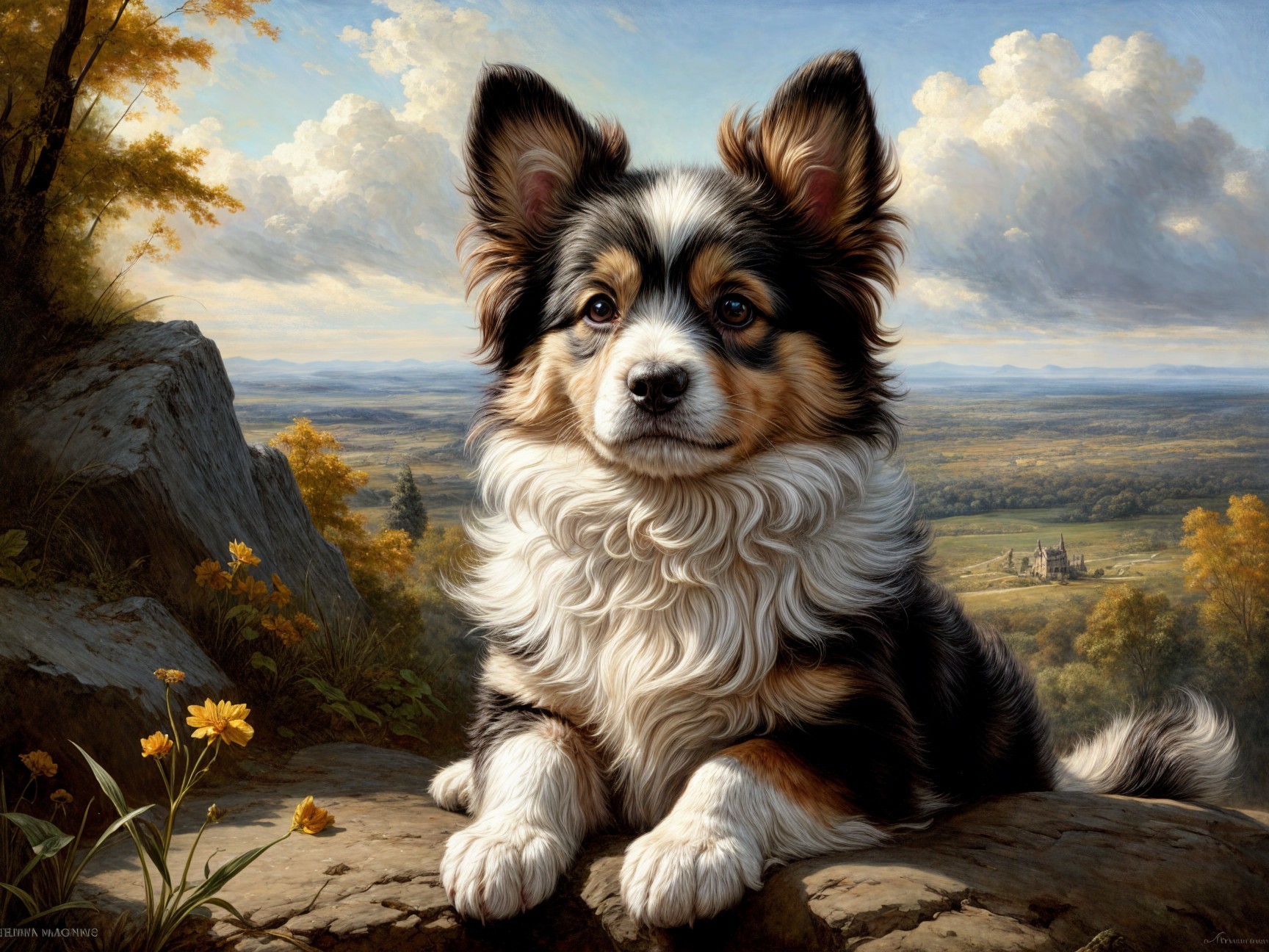 Tri-color Dog Resting on Rocky Outcrop with Landscape