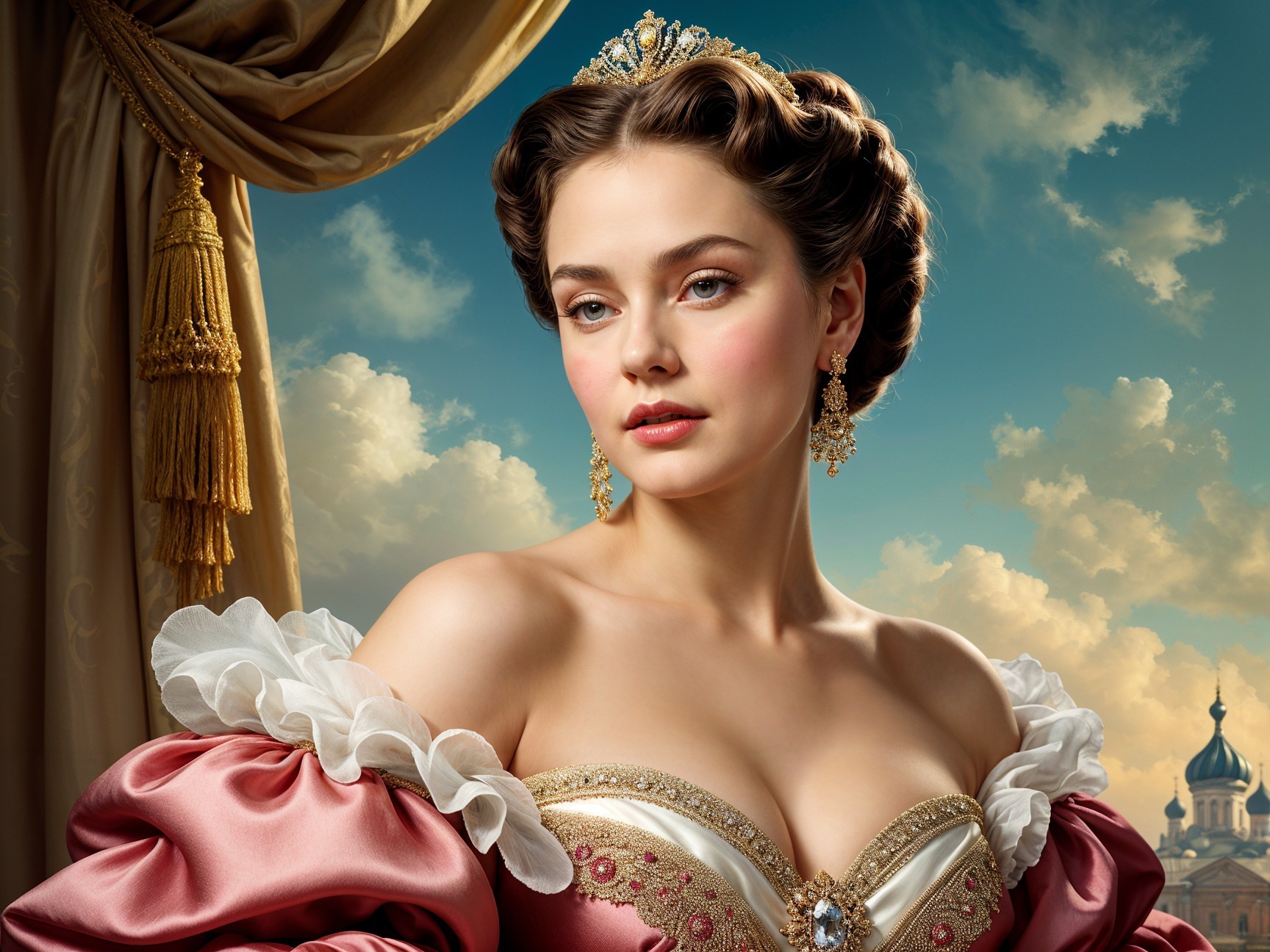 Regal Woman in Opulent Dress Against Serene Sky