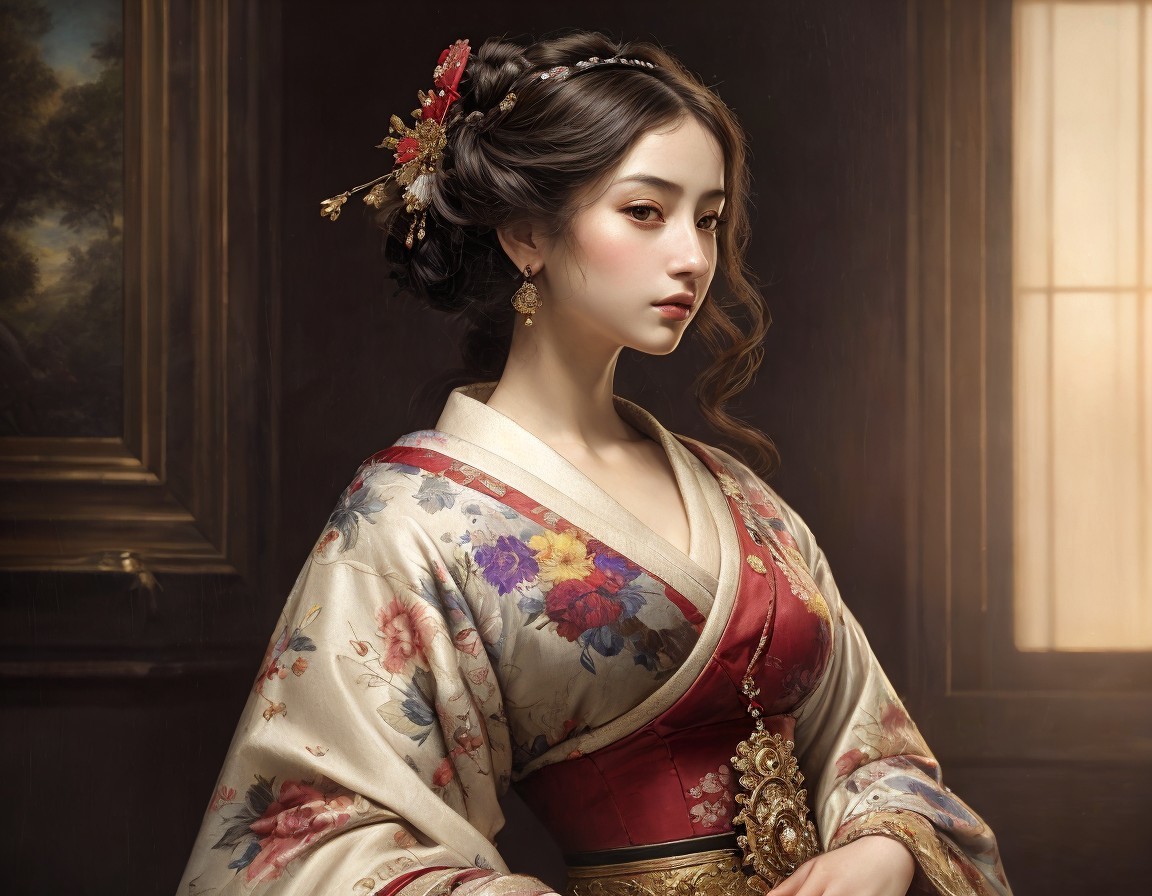 Elegant Woman in Floral Kimono with Soft Lighting