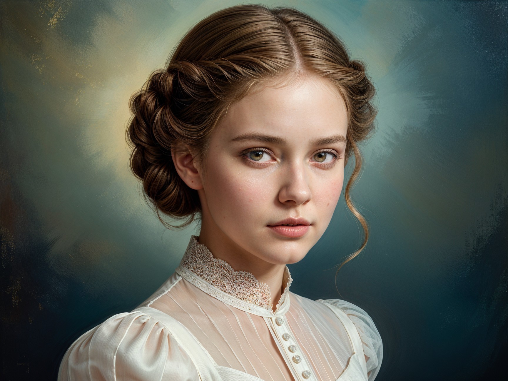 Young woman in vintage blouse with serene expression