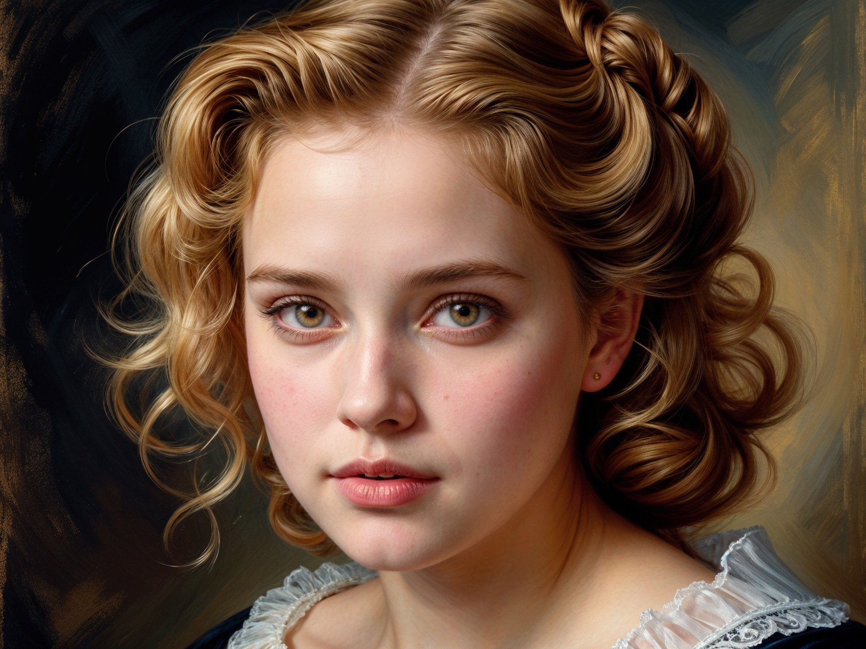 Portrait of a young woman with blonde curls and lace outfit