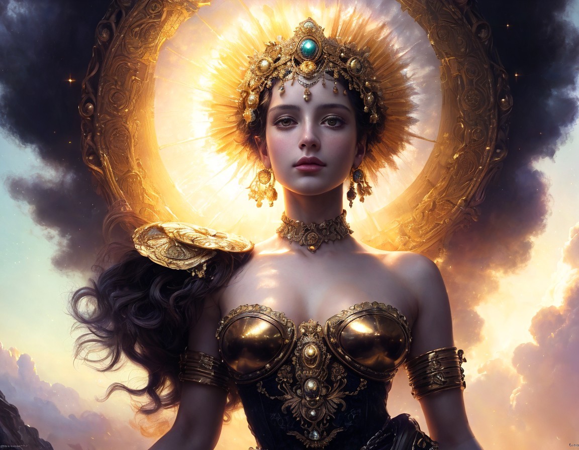 Ethereal woman with halo crown and golden armor in dramatic sky