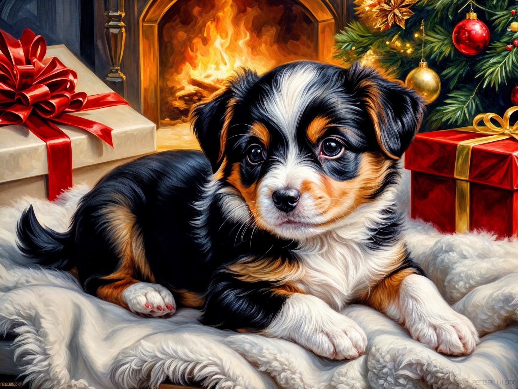 Tri-Color Puppy Resting by Festive Holiday Decor