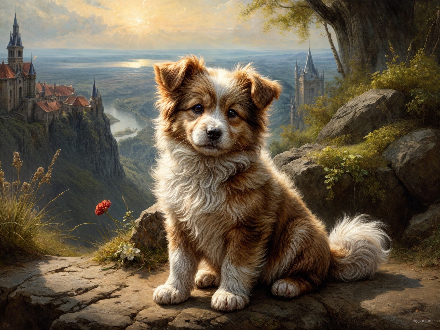Golden-brown puppy on rocky ledge with scenic backdrop