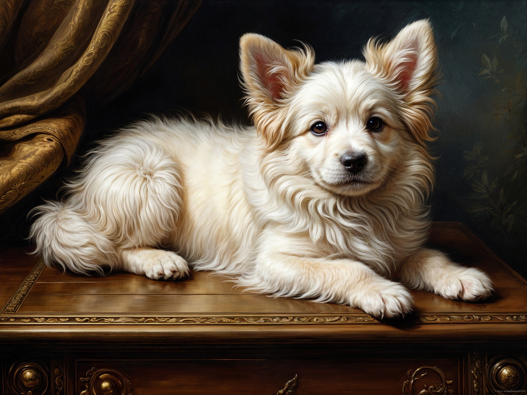 Fluffy White Dog Resting on Polished Wooden Surface