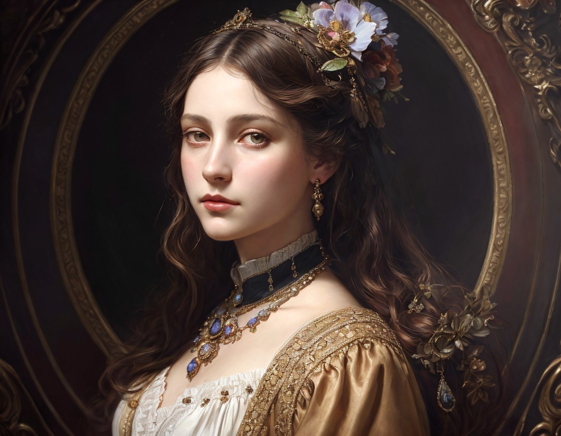 Young Woman in Vintage Gown with Floral Accents