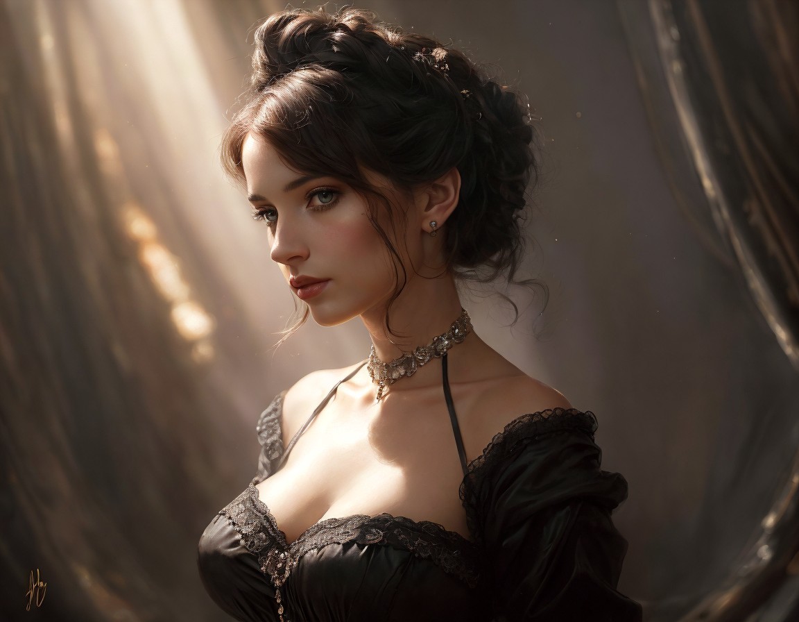Woman in Black Off-Shoulder Dress with Intricate Updo