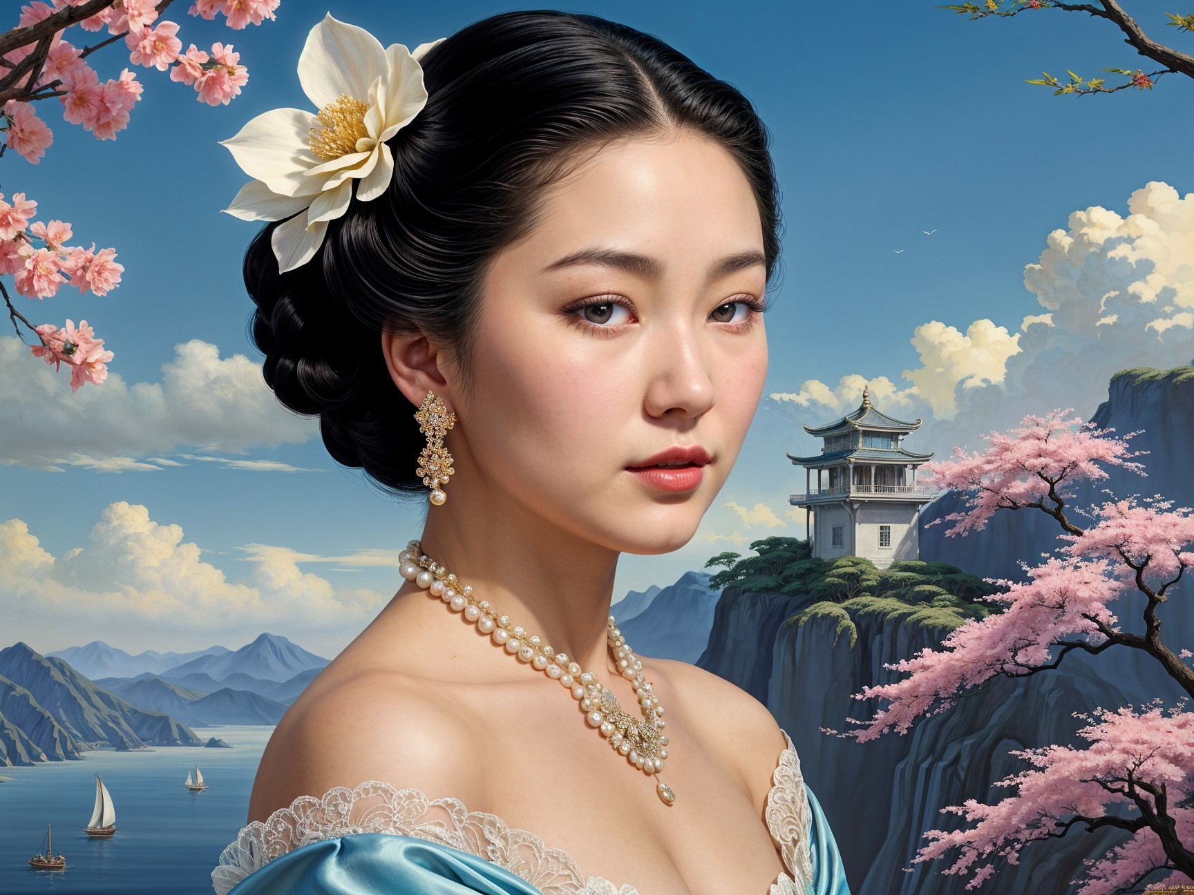 Serene Woman in Blue Gown Among Cherry Blossoms