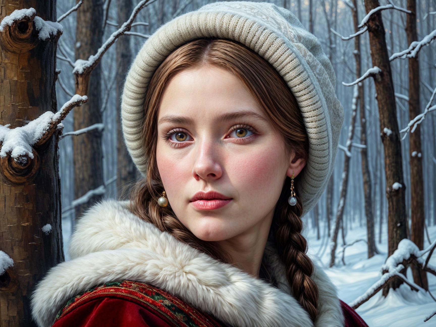 Young Woman in Red Coat in Snowy Forest Setting