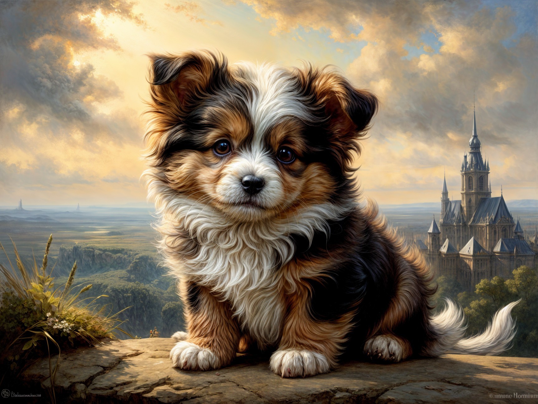 Fluffy Tri-Color Puppy with Castle Background