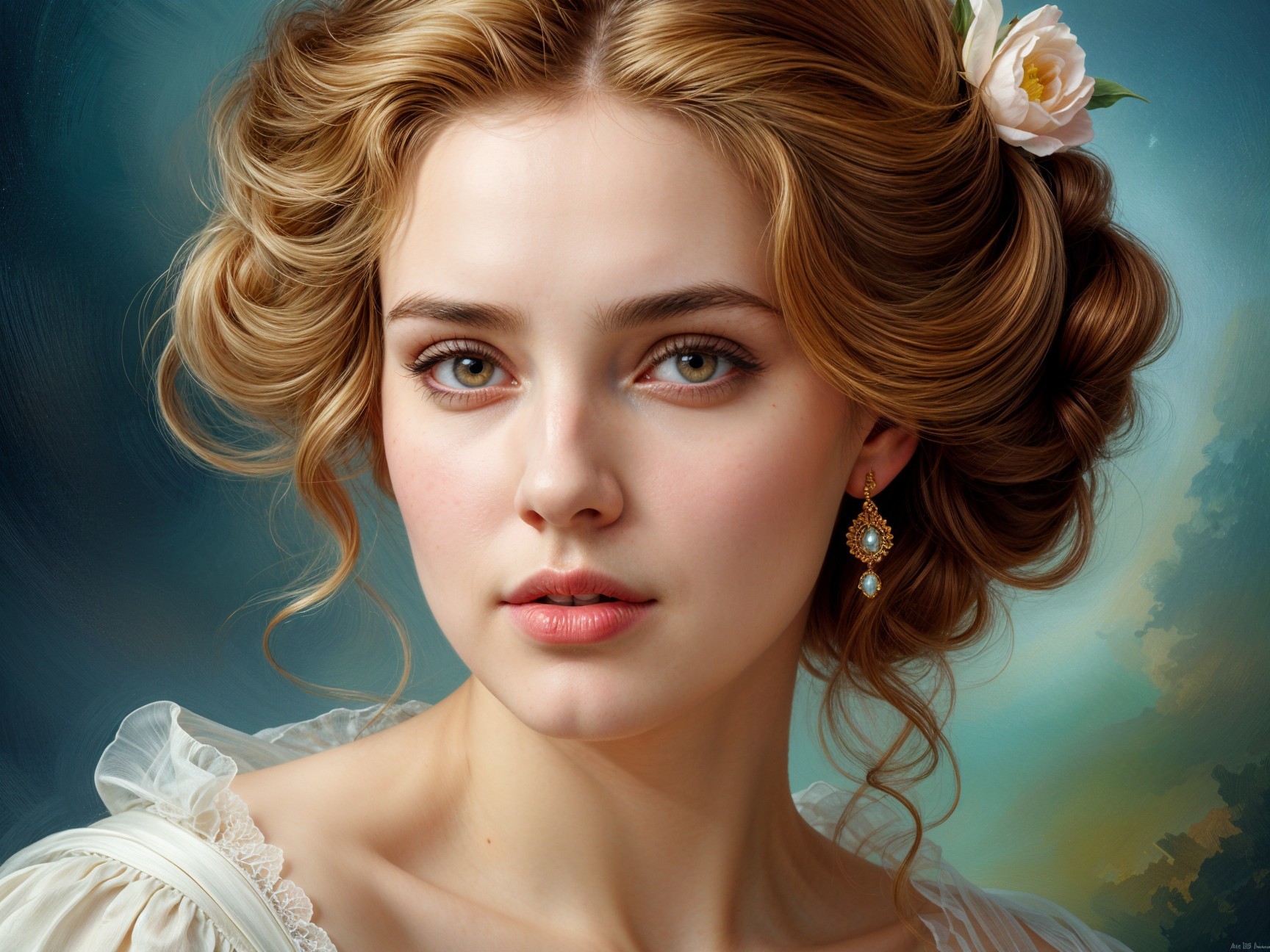 Young woman with wavy blonde hair and green eyes