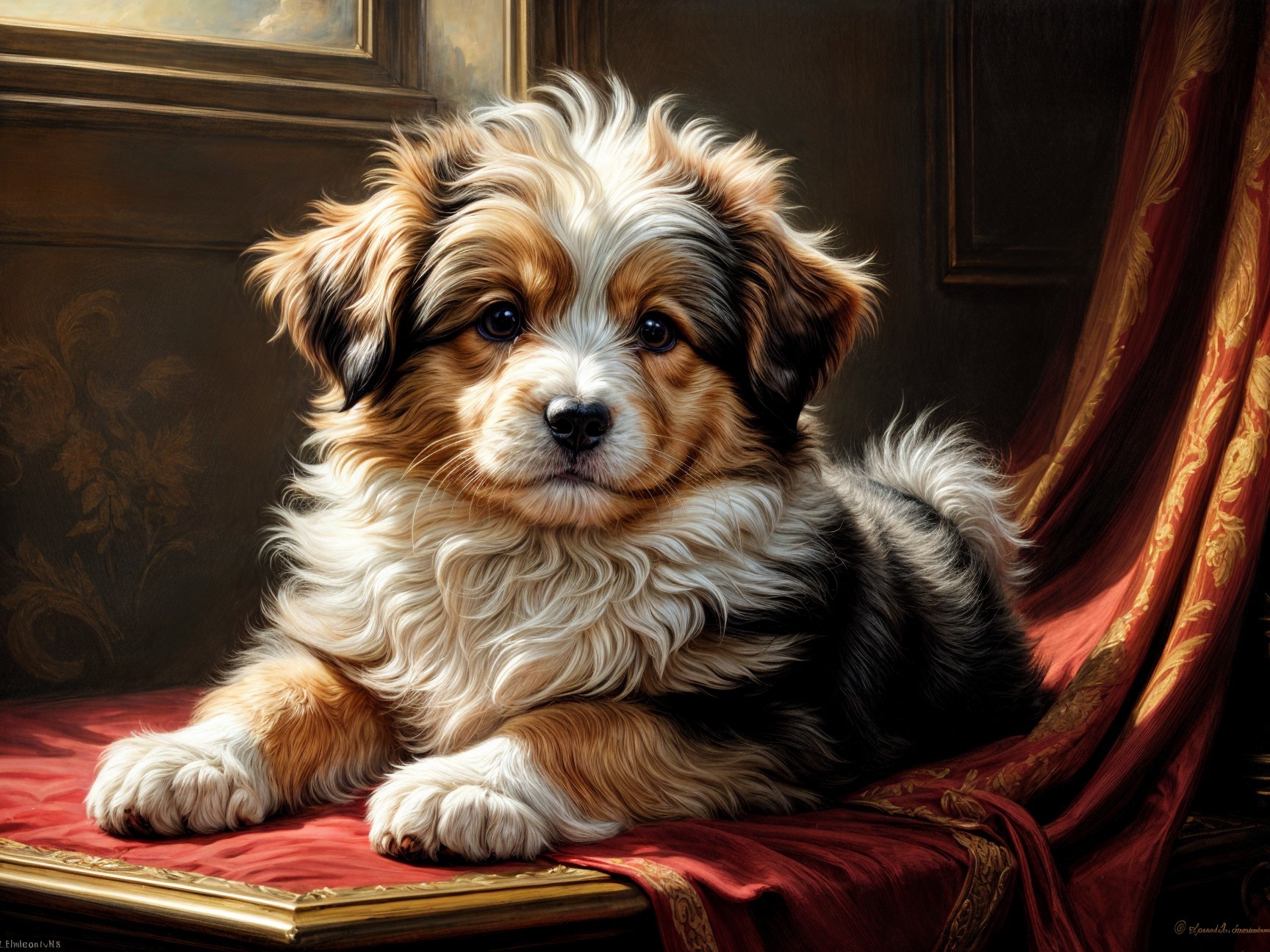 Fluffy Puppy on Red Velvet in Elegant Setting