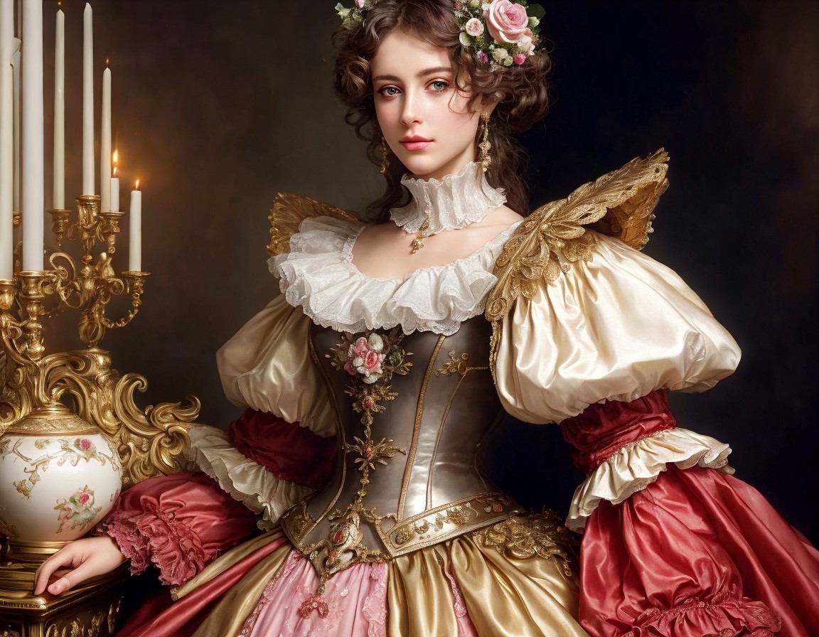 Historical dress with puffy sleeves and corset beside candelabra
