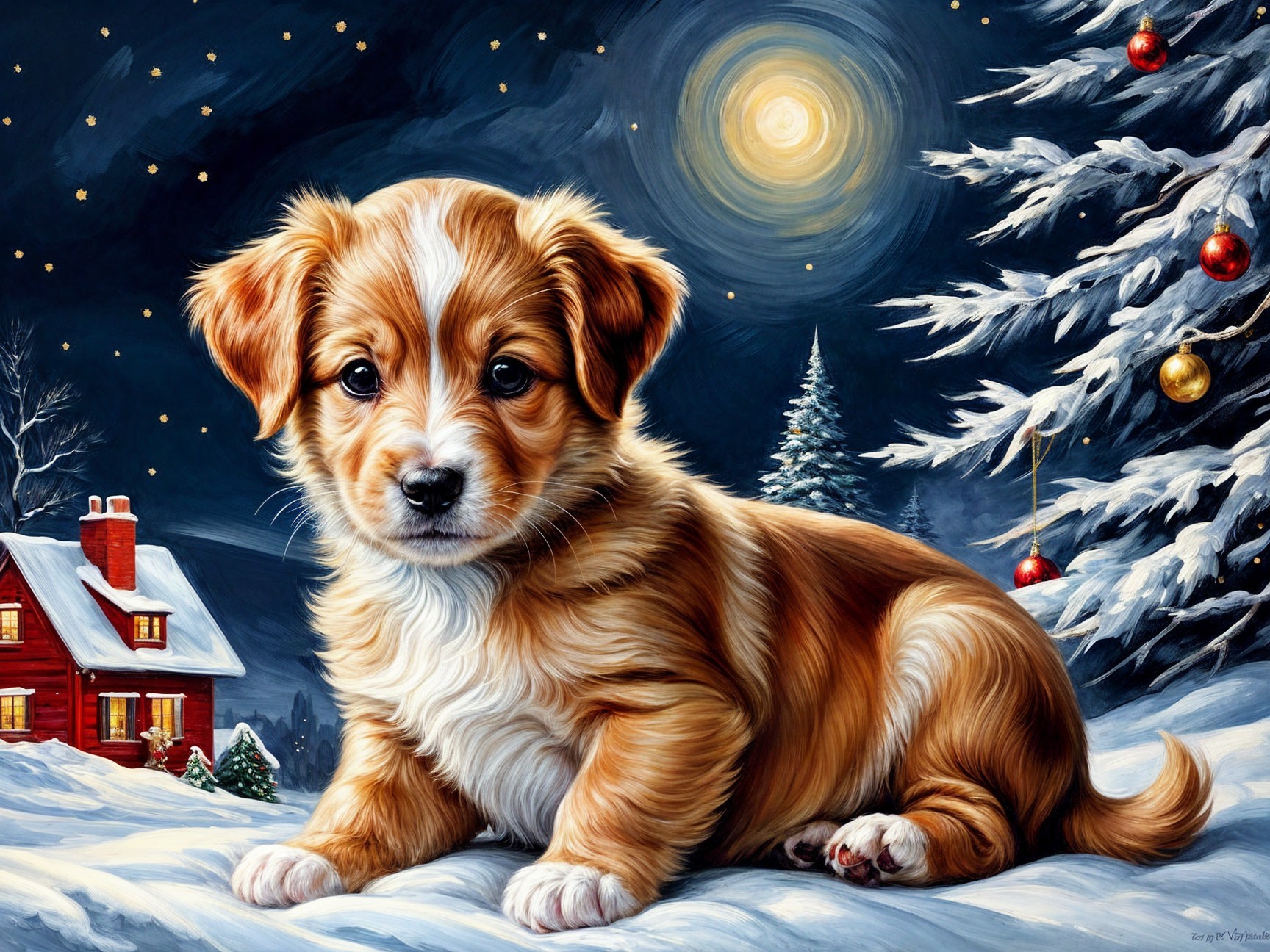 Puppy in Snowy Winter Wonderland with Moonlight Glow