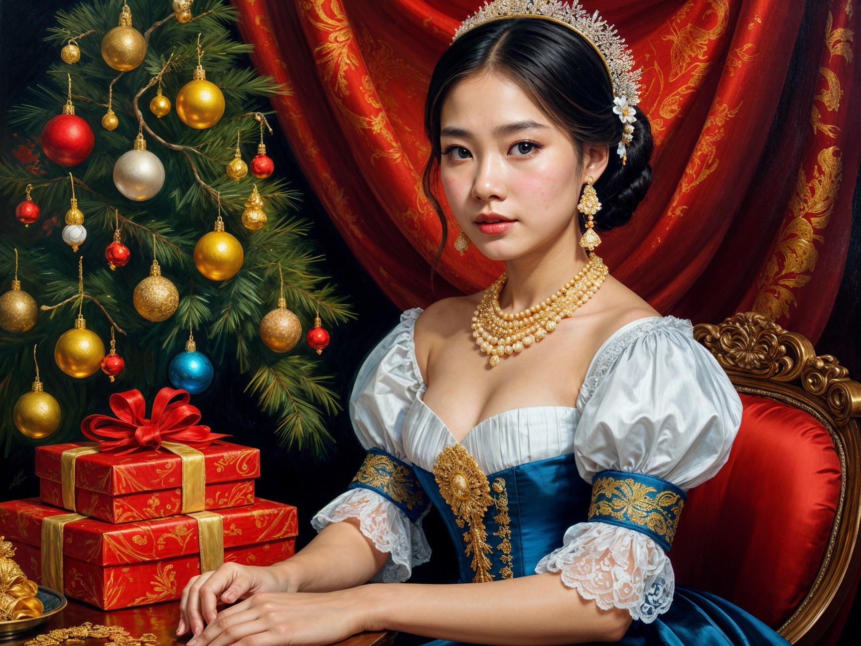 Young Woman in Historical Gown by Christmas Tree