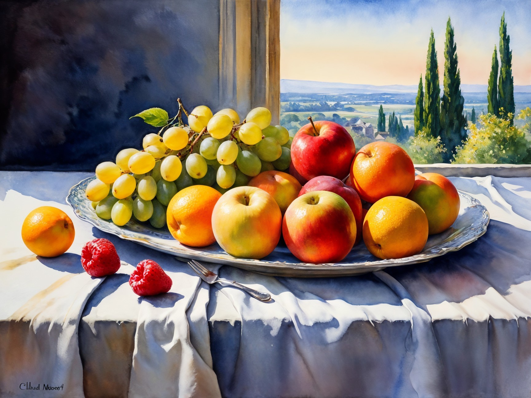 Vibrant Still Life of Fresh Fruits on Silver Platter