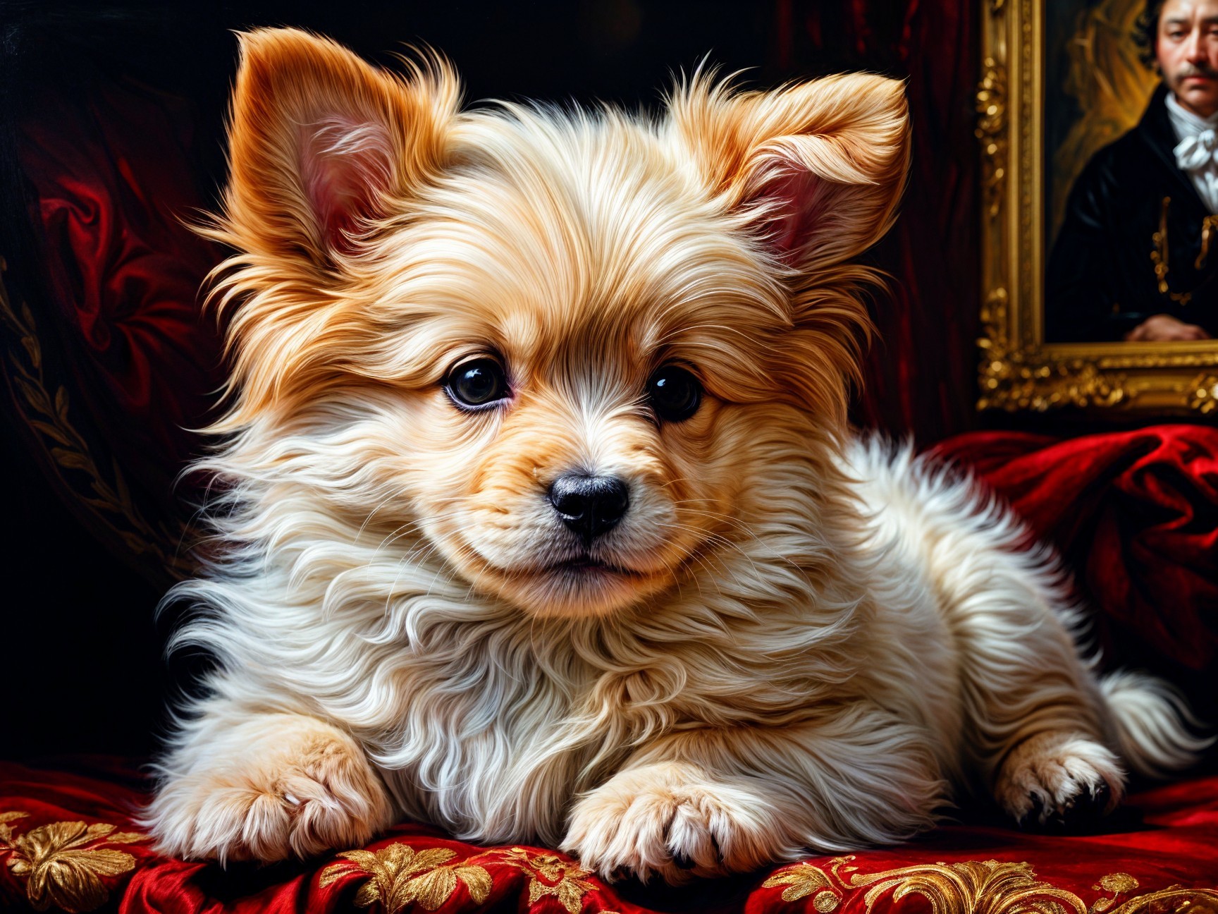 Fluffy Golden Pomeranian Puppy on Red Velvet Surface