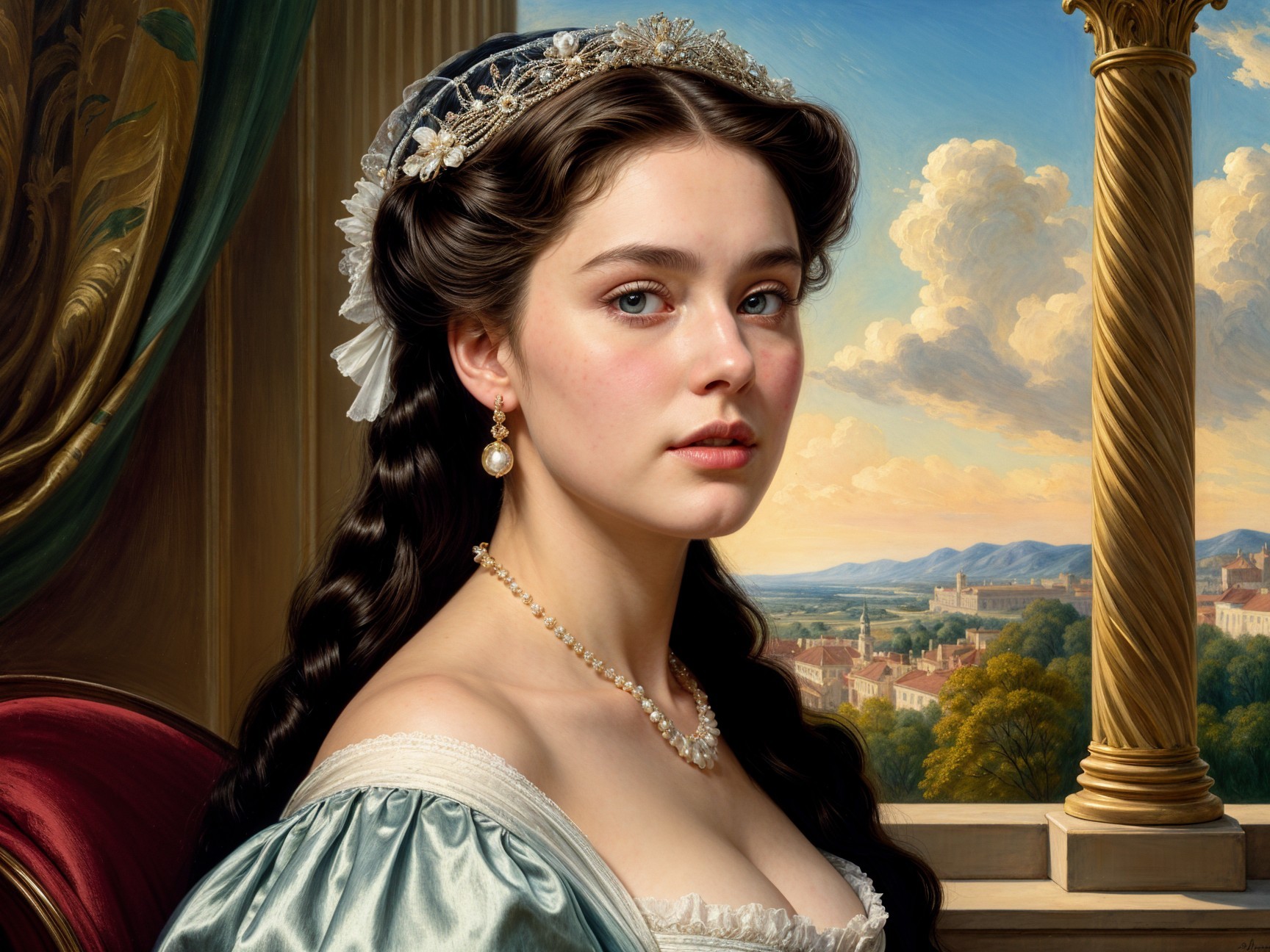 Portrait of a Young Woman in Elegant Gown and Jewelry