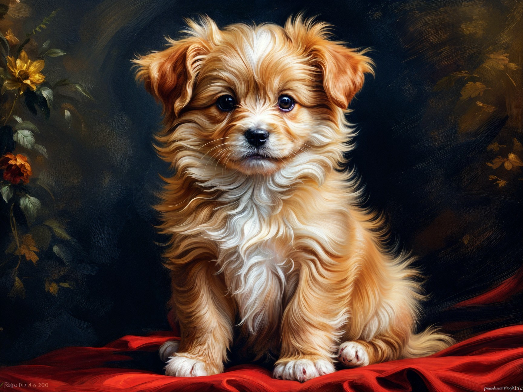 Fluffy Golden-Brown Puppy on Red Fabric Background