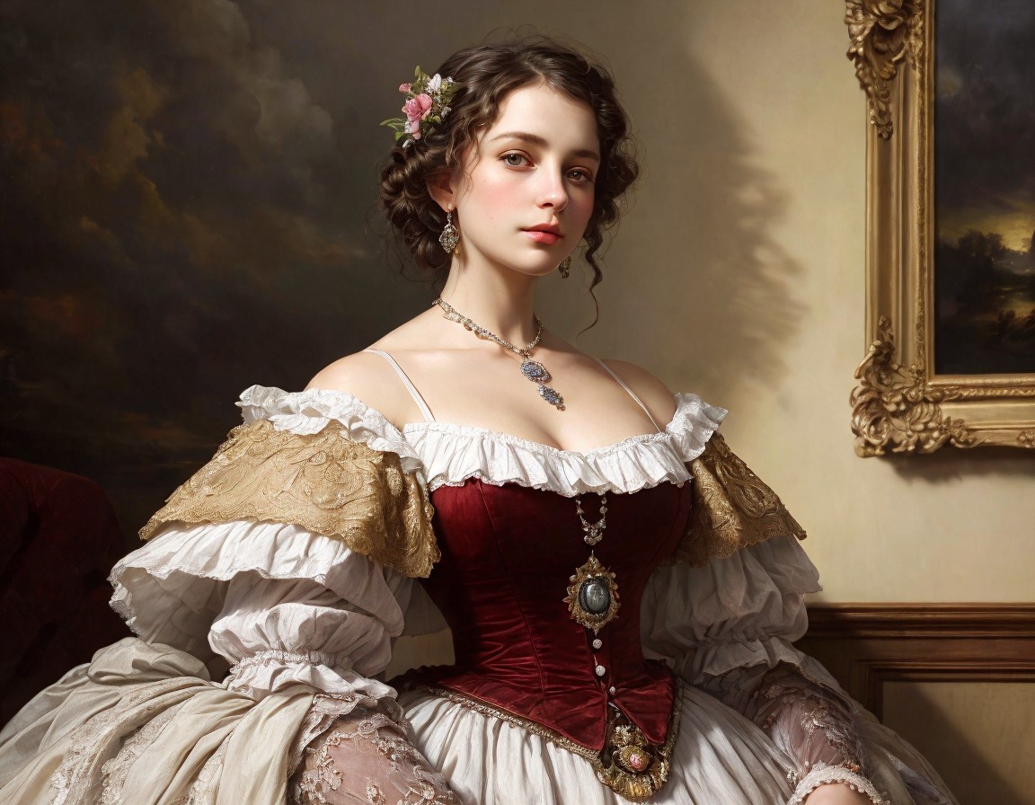 19th-Century Painting of Young Woman in Luxurious Gown