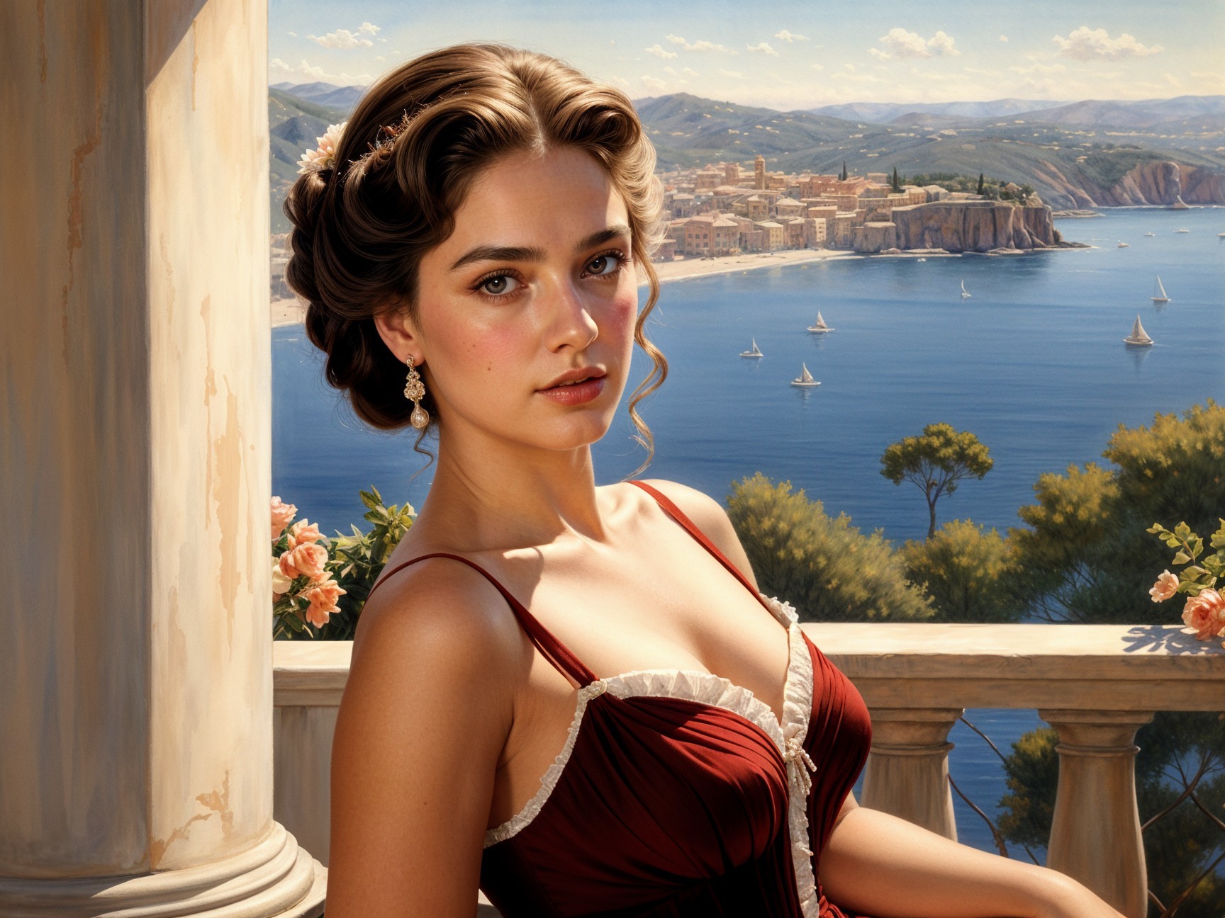 Young woman in maroon dress on sunlit terrace