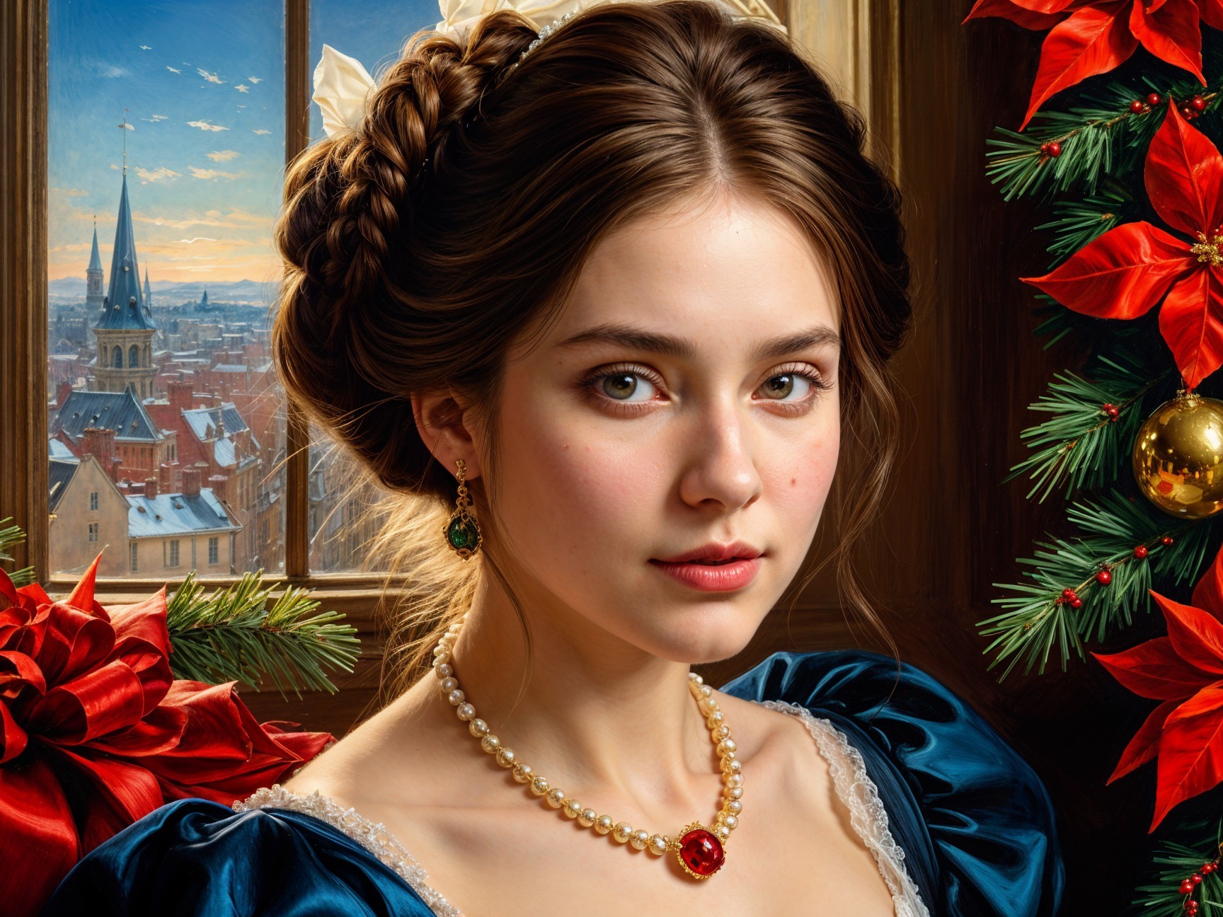 Young Woman in Blue Gown with Winter Landscape Background