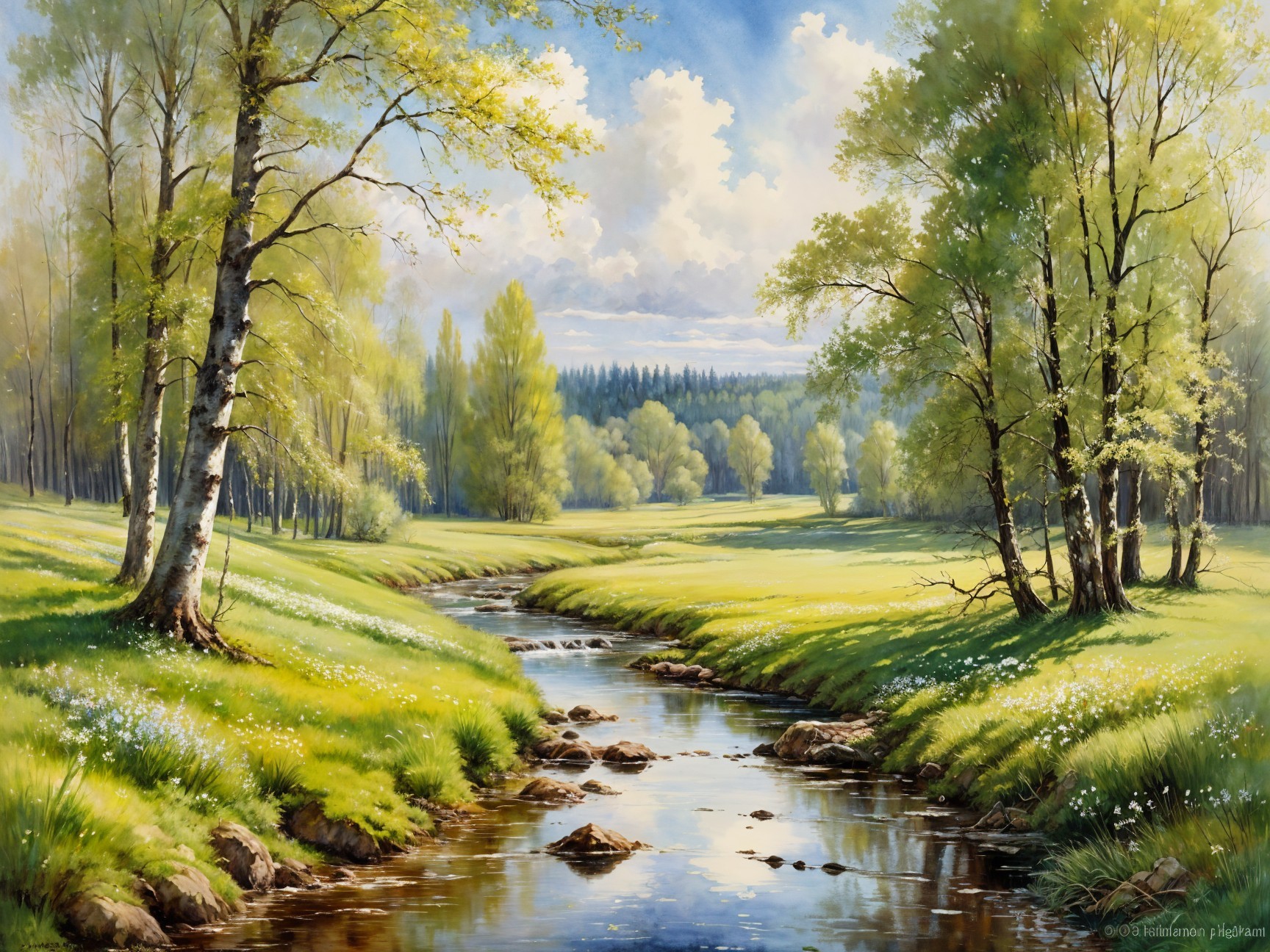 Serene Landscape with Meadow, Stream, and Trees