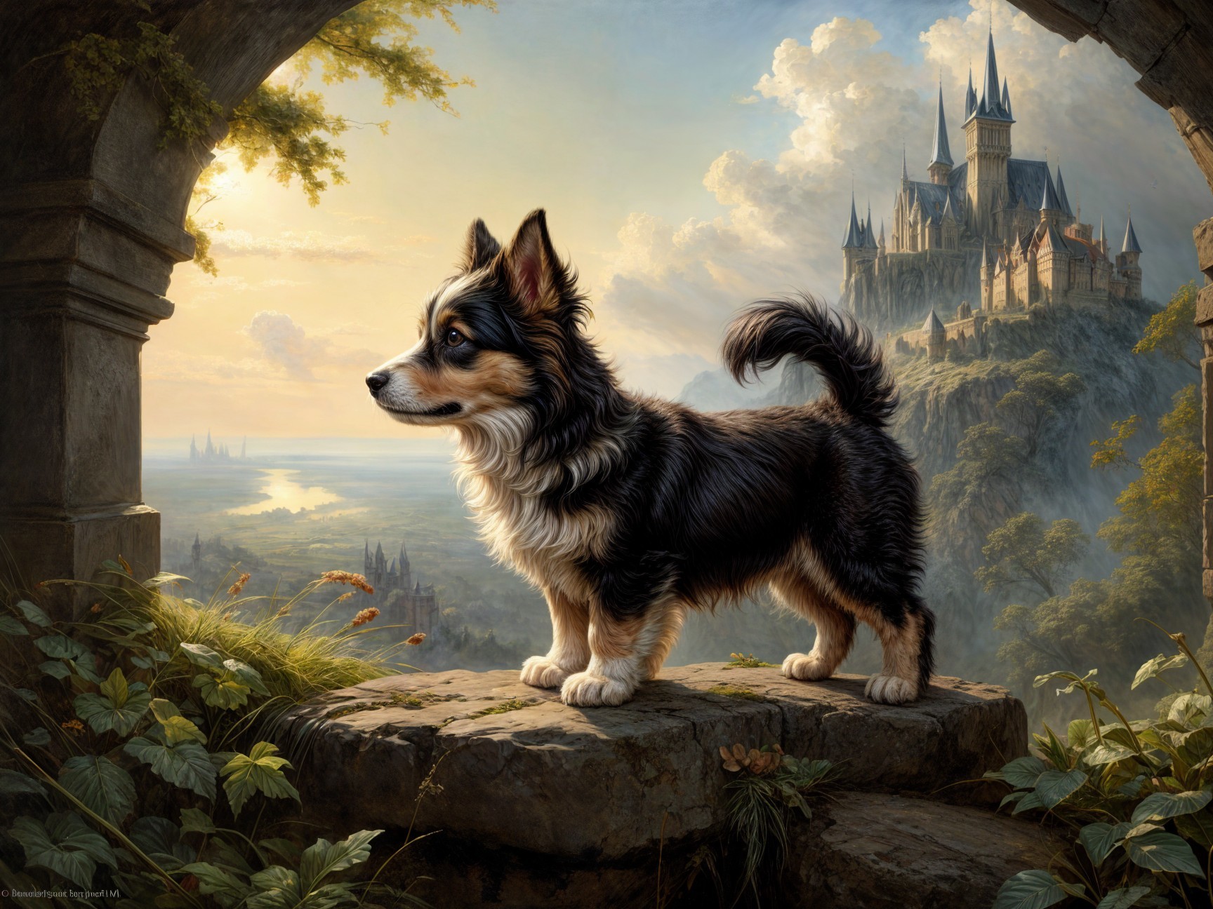 Dog on Stone Archway with Castle and Lush Landscape