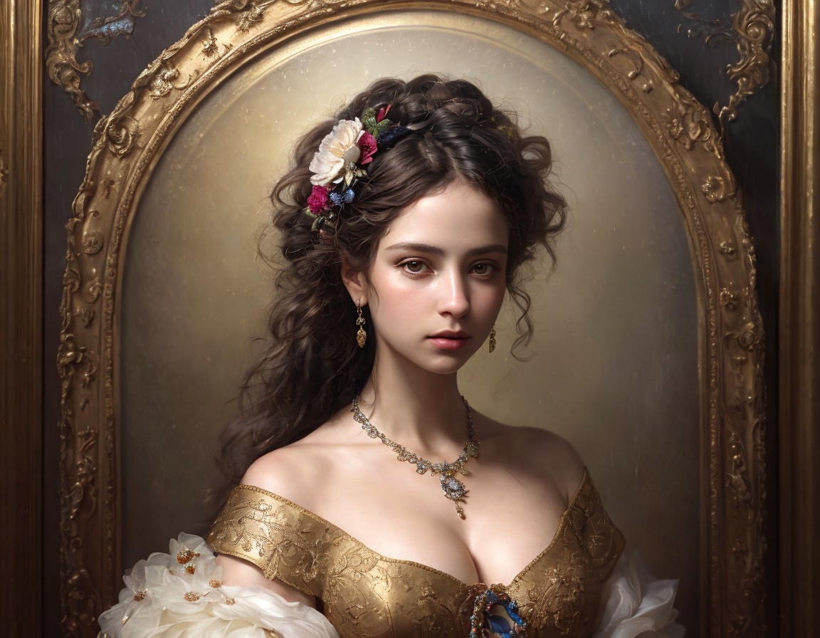 Portrait of young woman with elaborate floral hairstyle and golden gown