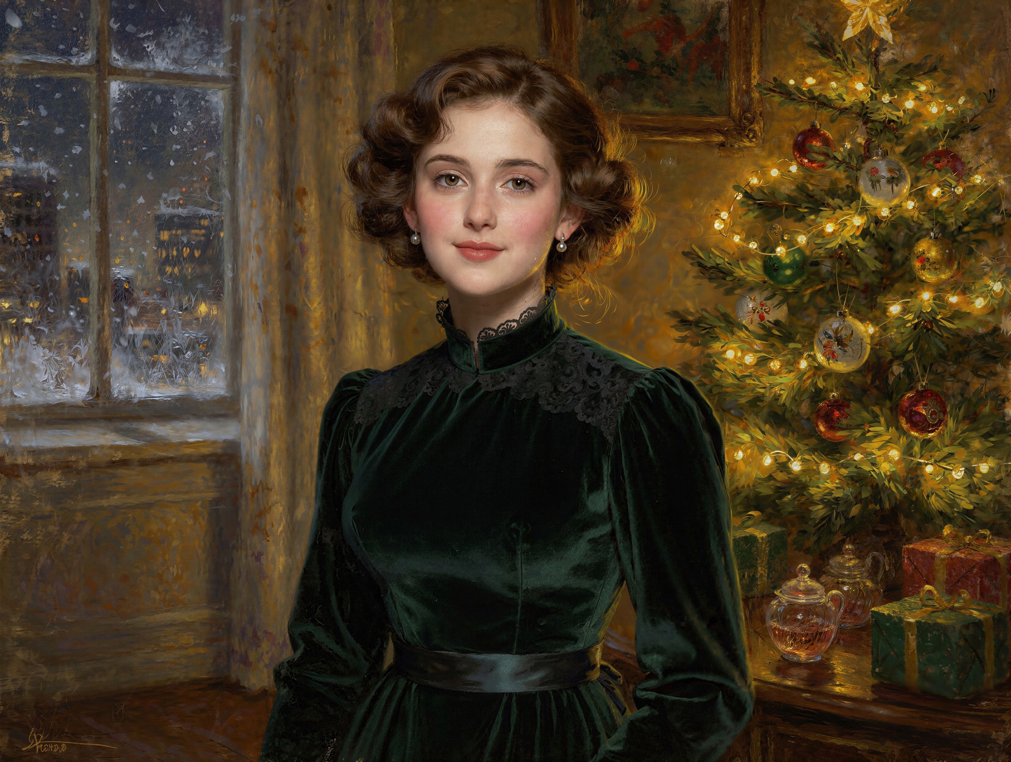Portrait of a Young Woman in Velvet Dress at Christmas