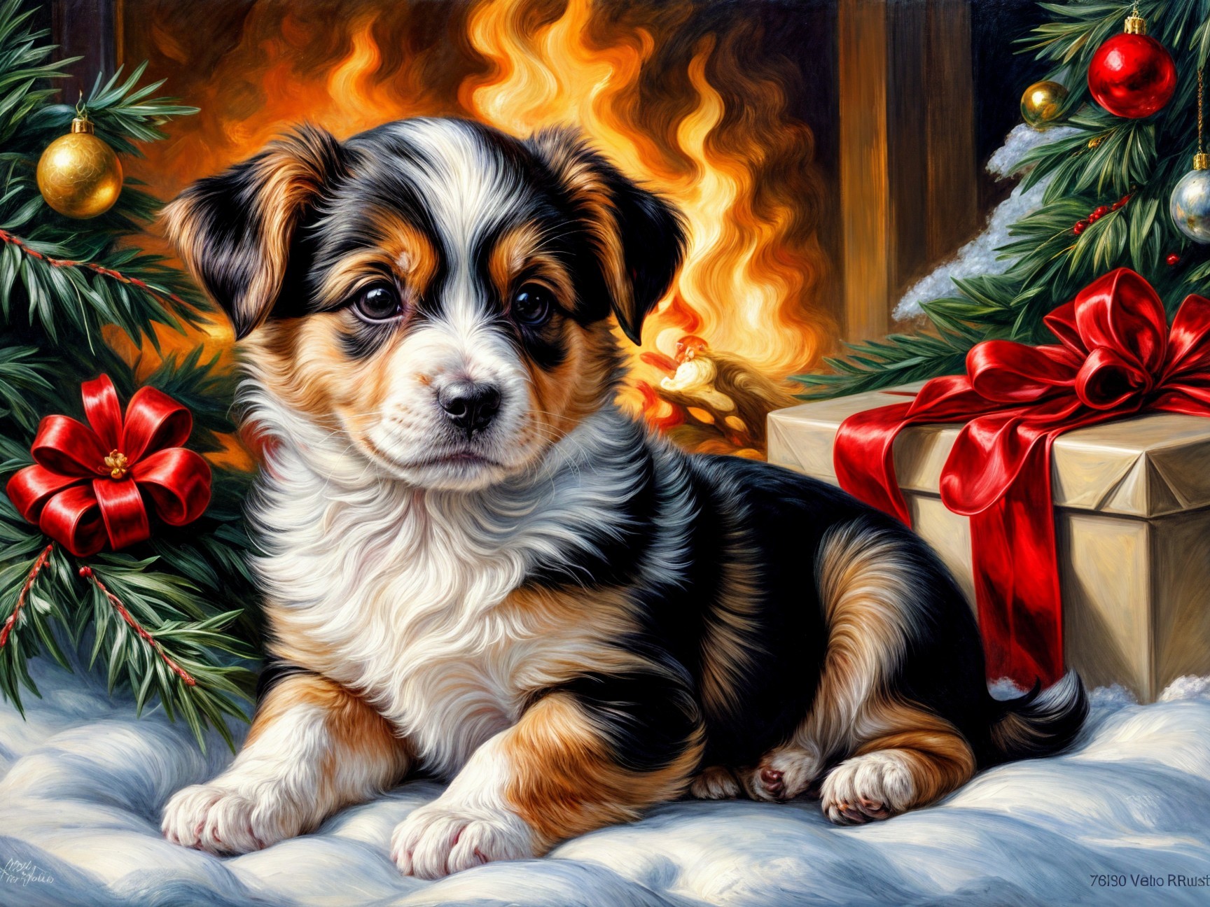 Fluffy Puppy on Cozy Blanket with Holiday Decor