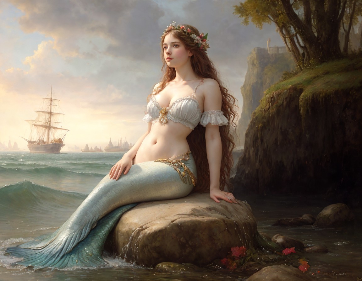 Mermaid on Rock by Sea with Ship Background Scene