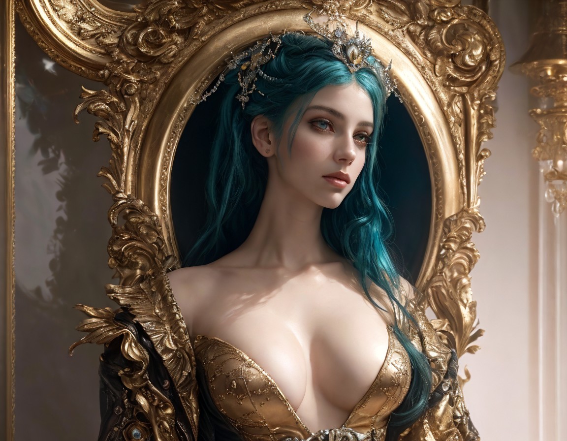 Teal-haired woman in golden fantasy attire reflected in baroque mirror