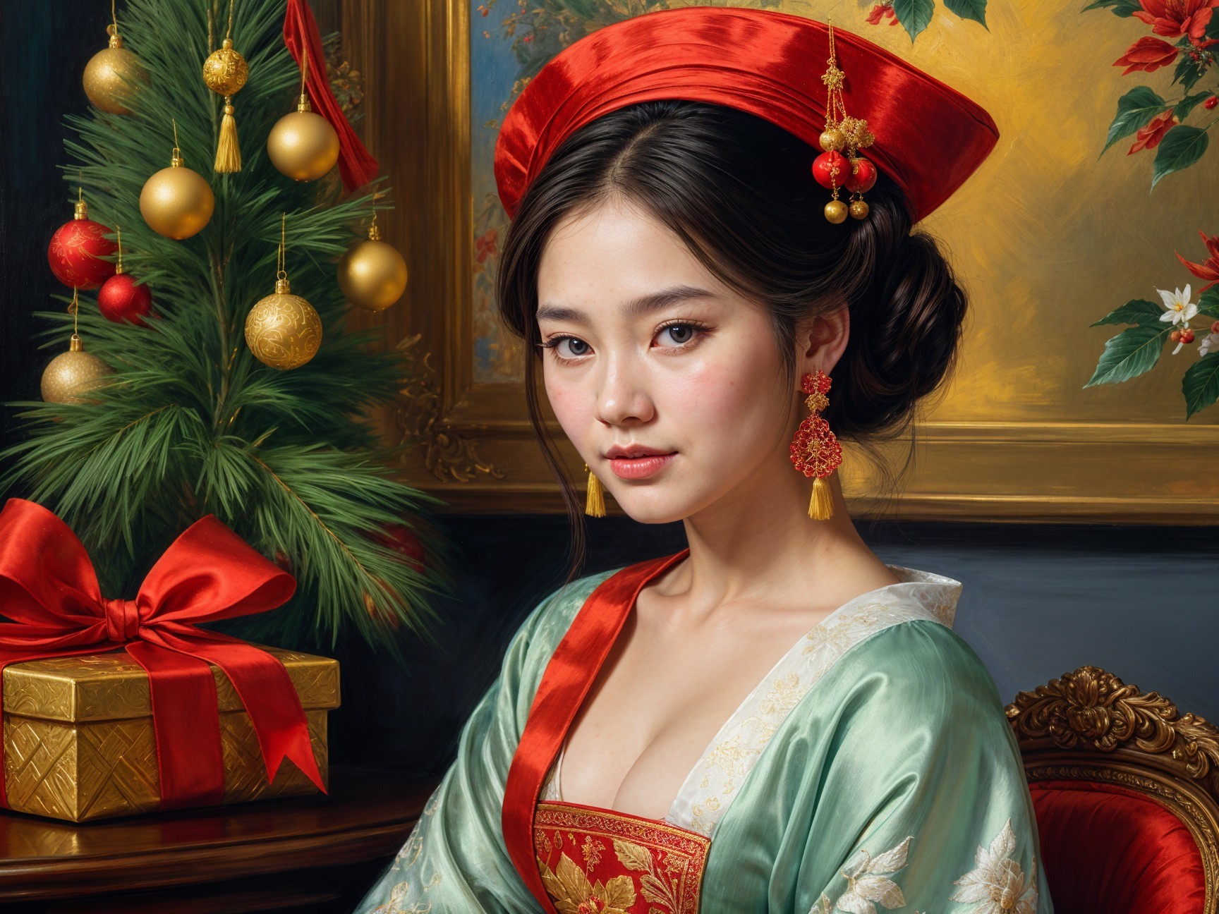 Young Woman in Traditional Attire with Holiday Decor