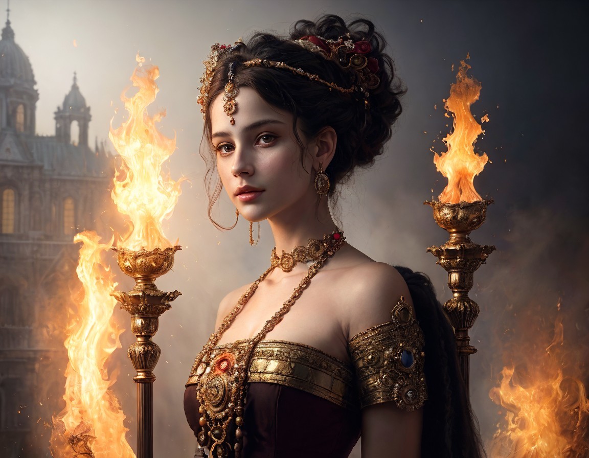 Regal woman in historical attire with flaming torches and majestic building.